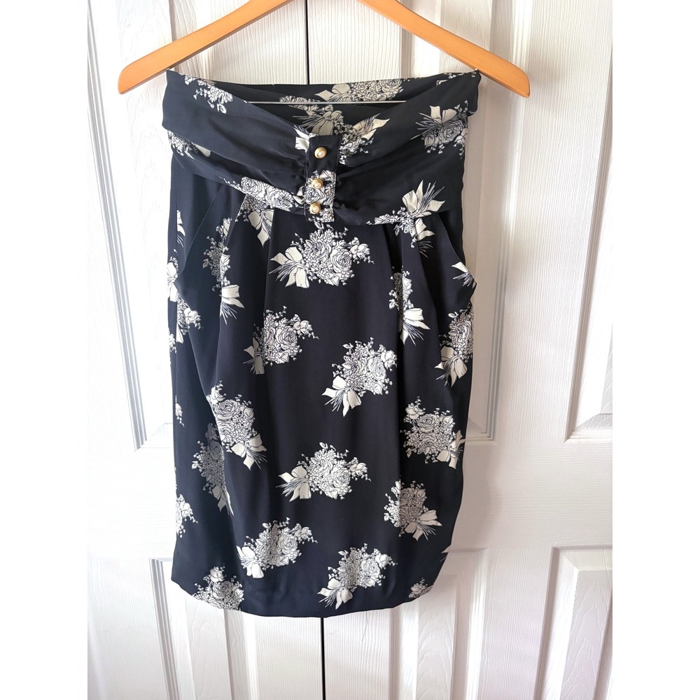 MaxMara pura seta Black Floral Bouquet 100% Silk Crepe Midi Pencil Skirt 10